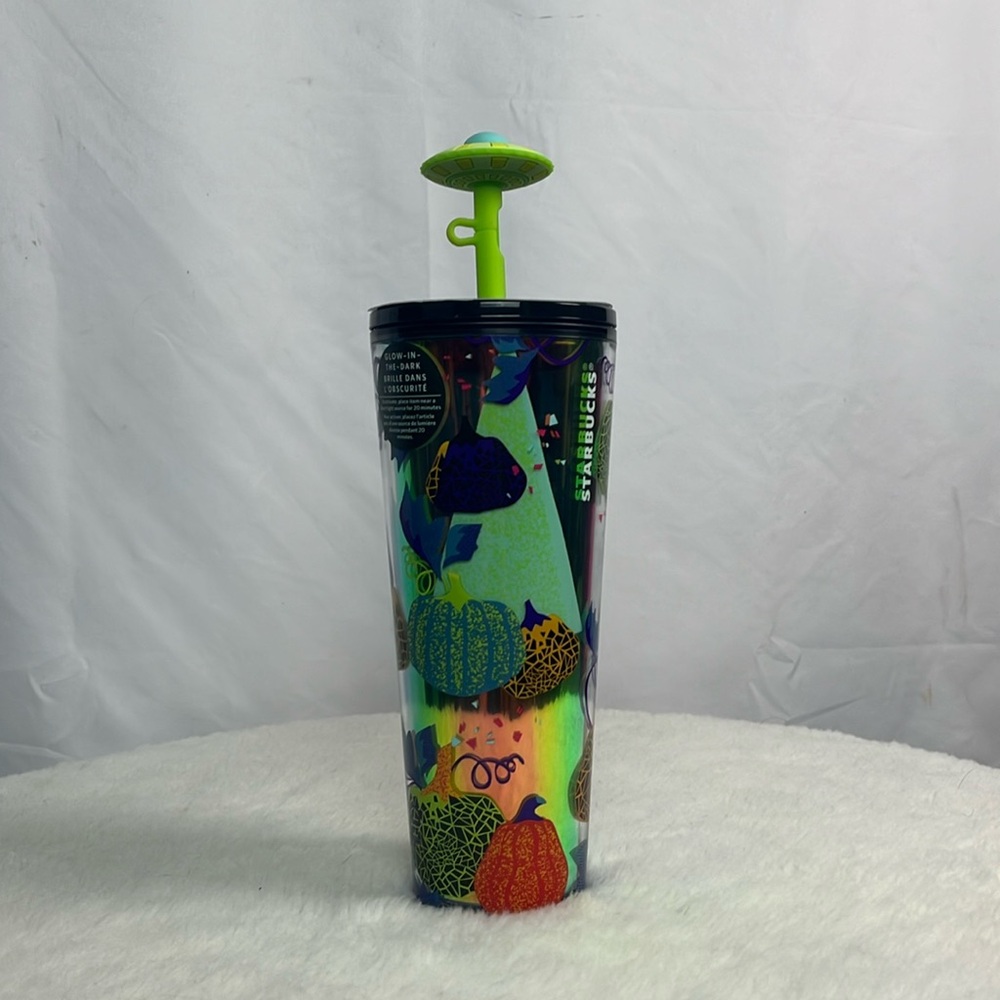 Starbucks glow-in-the-dark, metallic pumpkin with UFO topper straw 24oz NWT